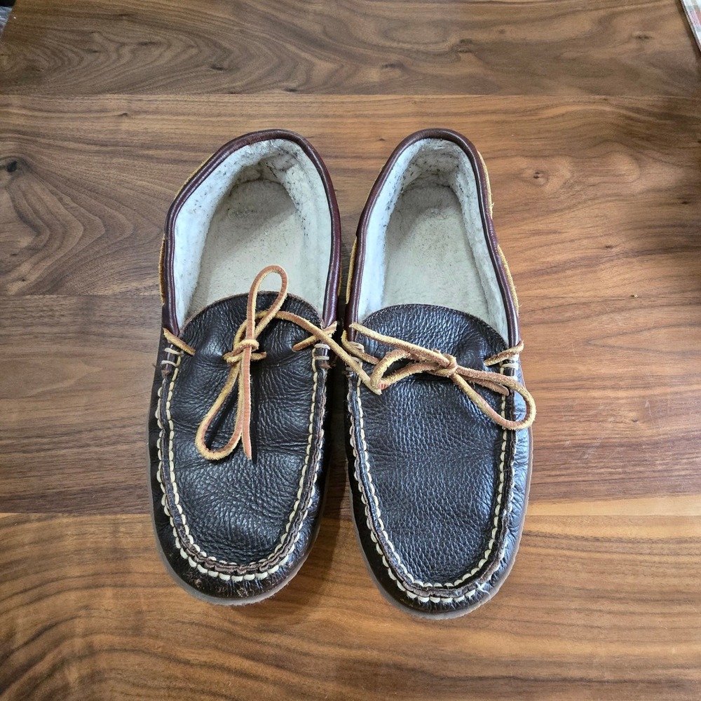 L.L.Bean Wicked Good Moccasins 10 Slippers Men Dark Brown Leather Shearling Cozy